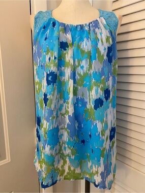 Lane Bryant Blue Multi-Color Lace-Shoulder Sleeveless Top- Size 14/16 W
